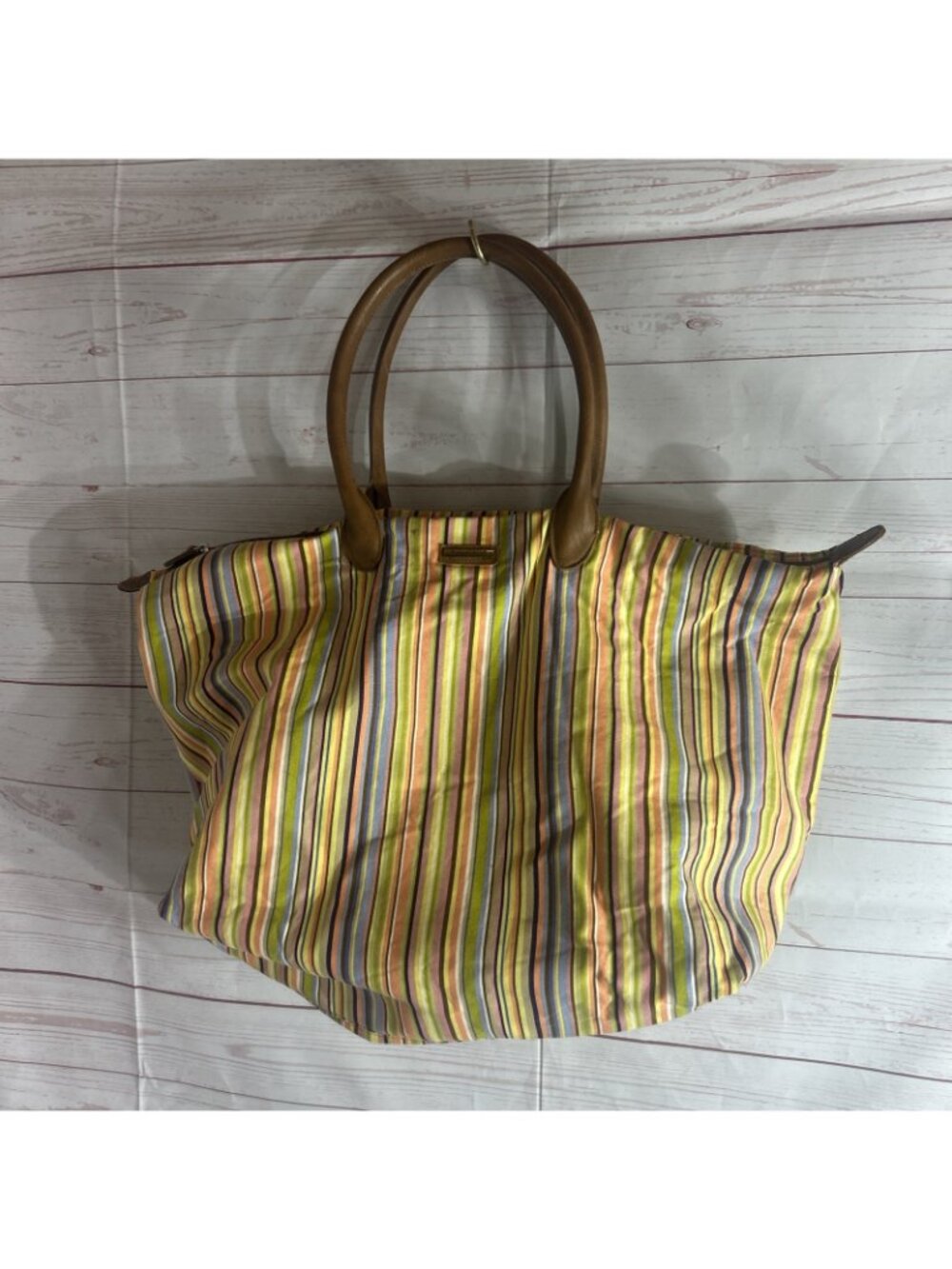 LONGABERGER Multicolor Blue Yellow Brown Stripe Weekender Tote Bag 17”x 13” - Picture 2 of 9